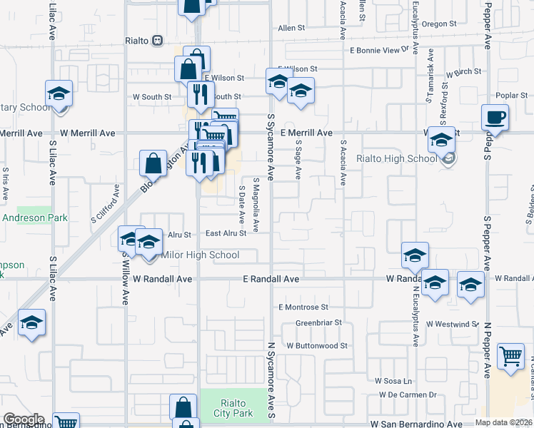 map of restaurants, bars, coffee shops, grocery stores, and more near 762 South Sycamore Avenue in Rialto
