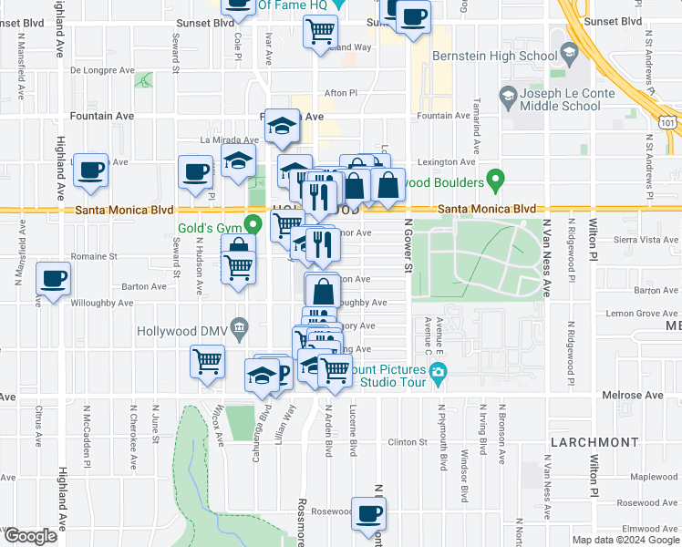 map of restaurants, bars, coffee shops, grocery stores, and more near 5941 Willoughby Avenue in Los Angeles