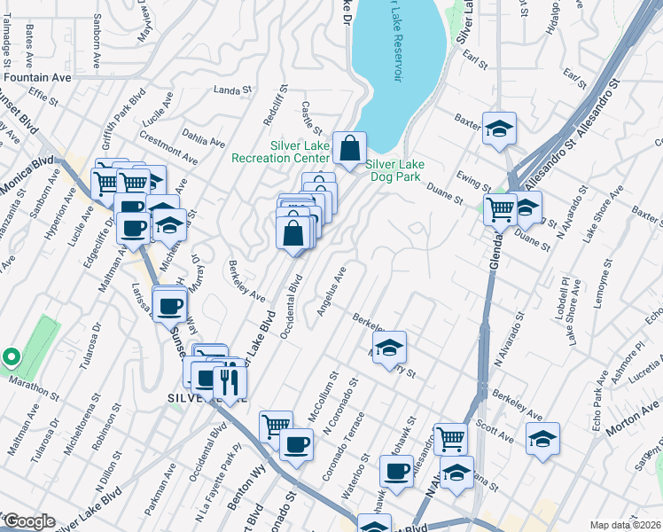 map of restaurants, bars, coffee shops, grocery stores, and more near 1642 Silverwood Terrace in Los Angeles