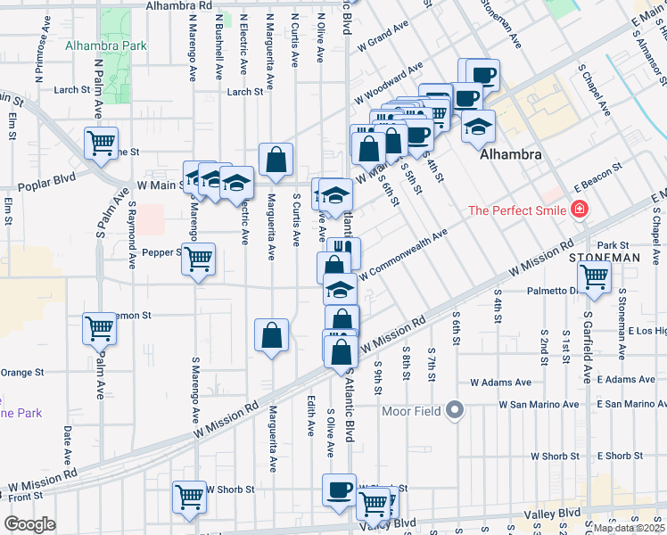 map of restaurants, bars, coffee shops, grocery stores, and more near 1157 West Commonwealth Avenue in Alhambra