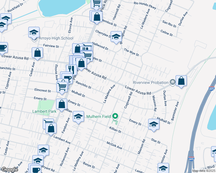 map of restaurants, bars, coffee shops, grocery stores, and more near 4734 Helmgate Drive in El Monte