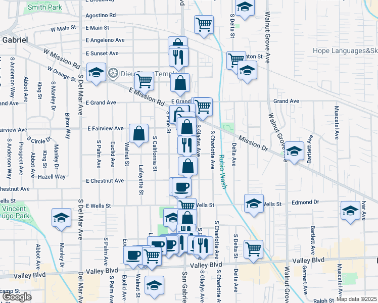 map of restaurants, bars, coffee shops, grocery stores, and more near 1116 South San Gabriel Boulevard in San Gabriel