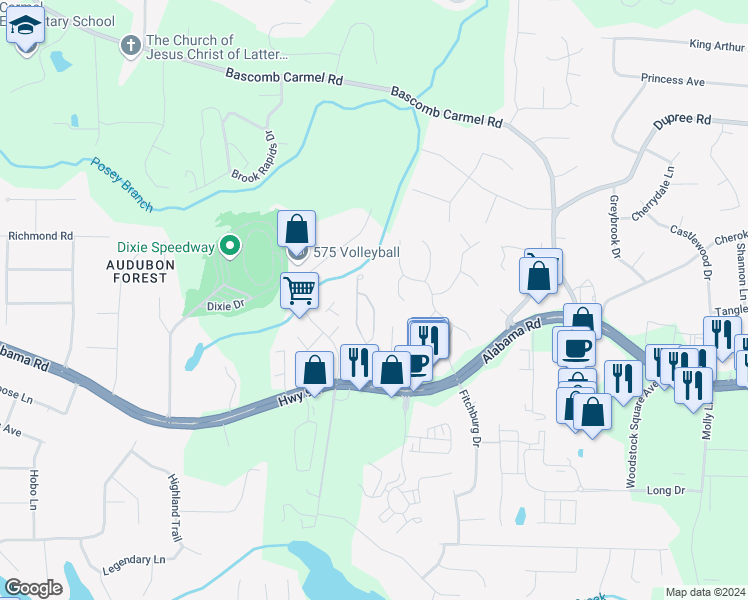 map of restaurants, bars, coffee shops, grocery stores, and more near 244 Bobbie Way in Woodstock