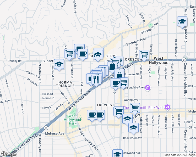 map of restaurants, bars, coffee shops, grocery stores, and more near 920 Westbourne Drive in West Hollywood