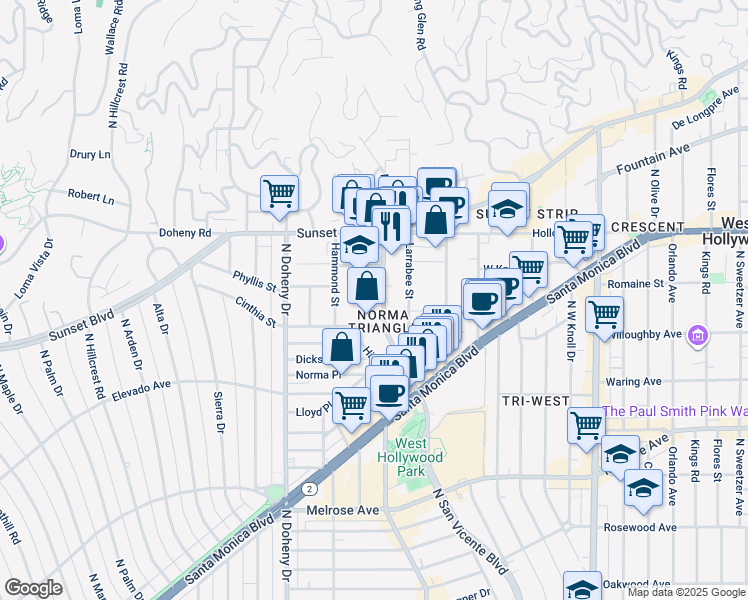 map of restaurants, bars, coffee shops, grocery stores, and more near 935 North San Vicente Boulevard in West Hollywood