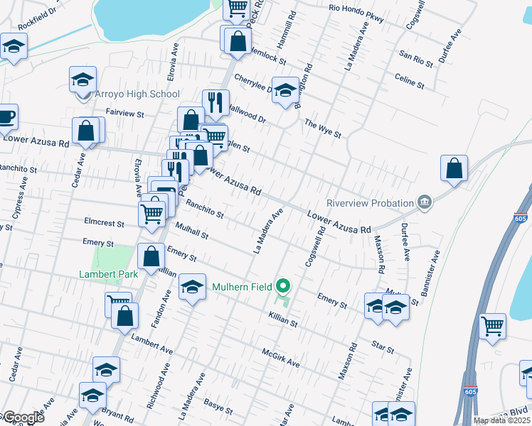 map of restaurants, bars, coffee shops, grocery stores, and more near 4734 Helmgate Drive in El Monte