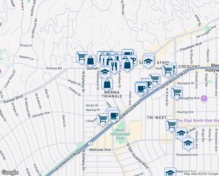 map of restaurants, bars, coffee shops, grocery stores, and more near 935 North San Vicente Boulevard in West Hollywood