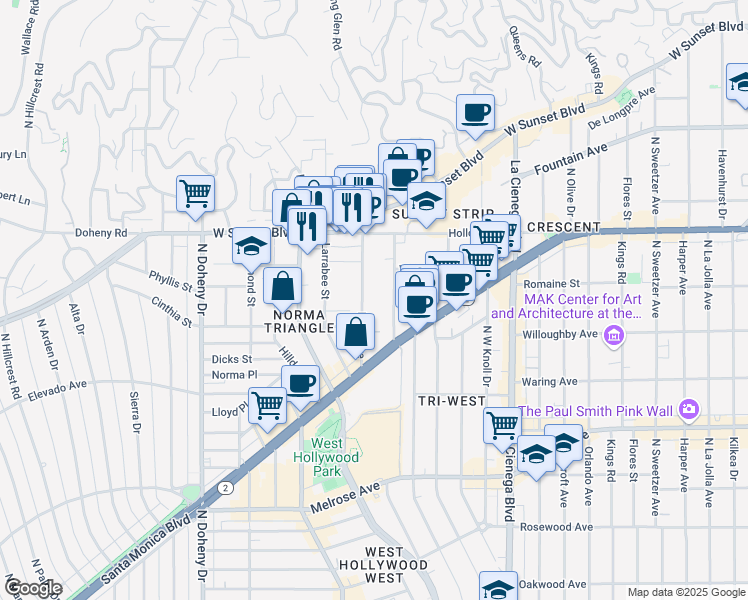 map of restaurants, bars, coffee shops, grocery stores, and more near 938 Palm Avenue in West Hollywood