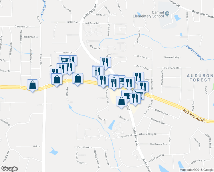 map of restaurants, bars, coffee shops, grocery stores, and more near 6564 Alabama Road Northeast in Acworth