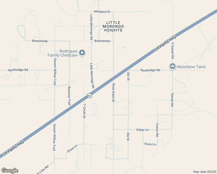map of restaurants, bars, coffee shops, grocery stores, and more near 9016 Rose Eden Drive in Morongo Valley