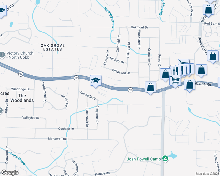 map of restaurants, bars, coffee shops, grocery stores, and more near 5539 Alabama Road Northeast in Acworth