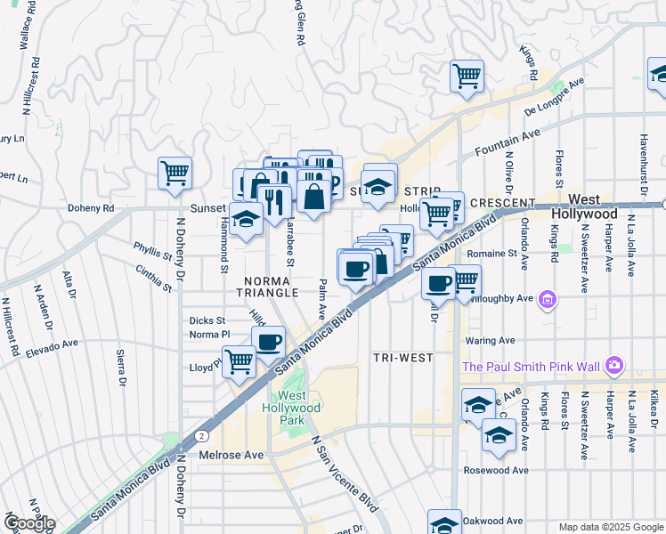 map of restaurants, bars, coffee shops, grocery stores, and more near 938 Palm Avenue in West Hollywood