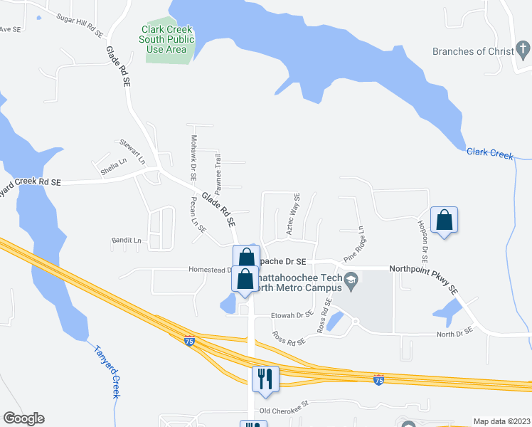 map of restaurants, bars, coffee shops, grocery stores, and more near 118 Aztec Way Southeast in Acworth