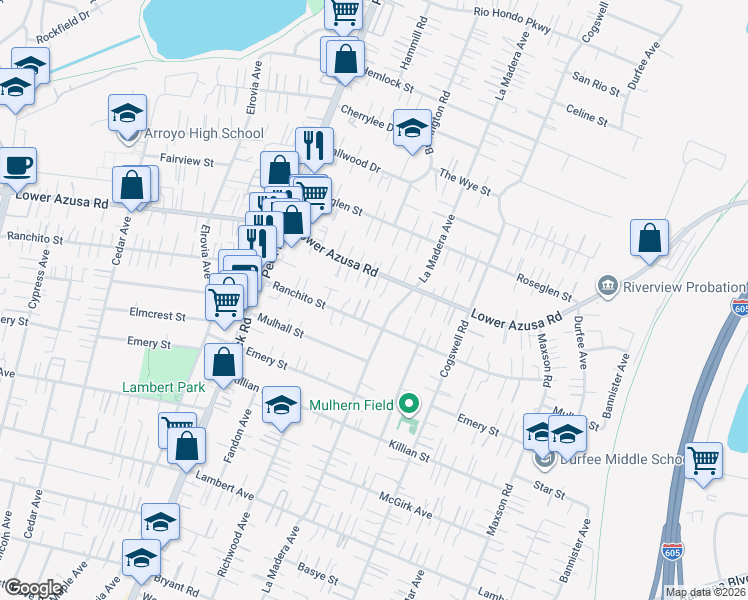 map of restaurants, bars, coffee shops, grocery stores, and more near 4731 Helmgate Drive in El Monte