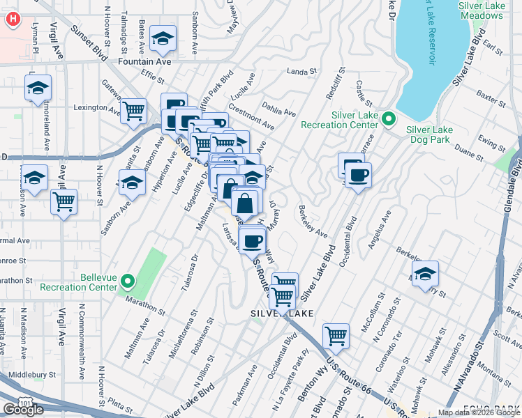 map of restaurants, bars, coffee shops, grocery stores, and more near 3369 Hamilton Way in Los Angeles