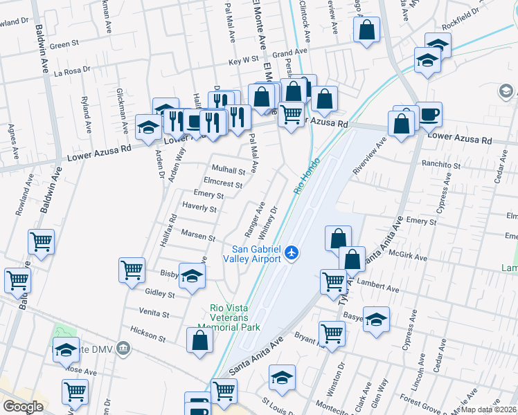 map of restaurants, bars, coffee shops, grocery stores, and more near 10690 Elmcrest Street in El Monte