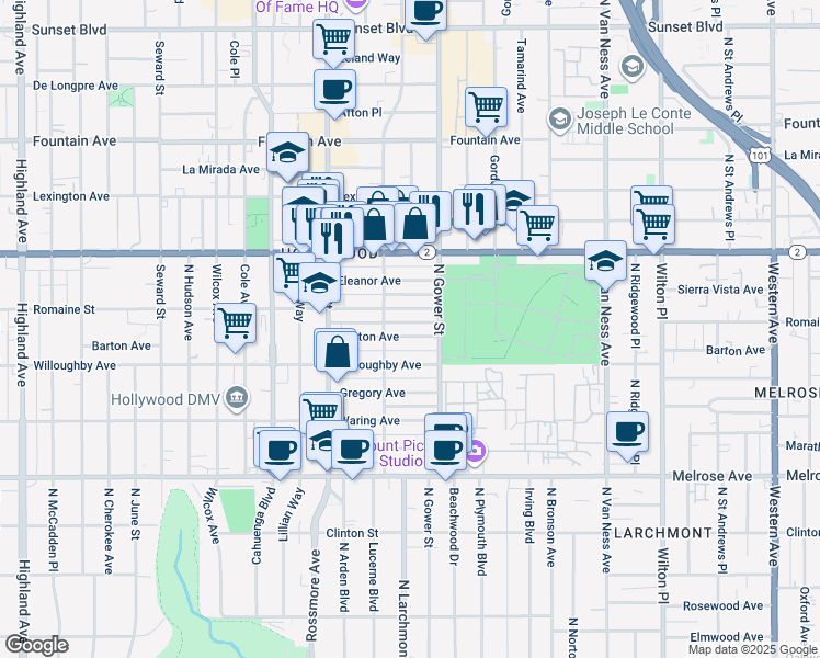 map of restaurants, bars, coffee shops, grocery stores, and more near 6023 Romaine Street in Los Angeles