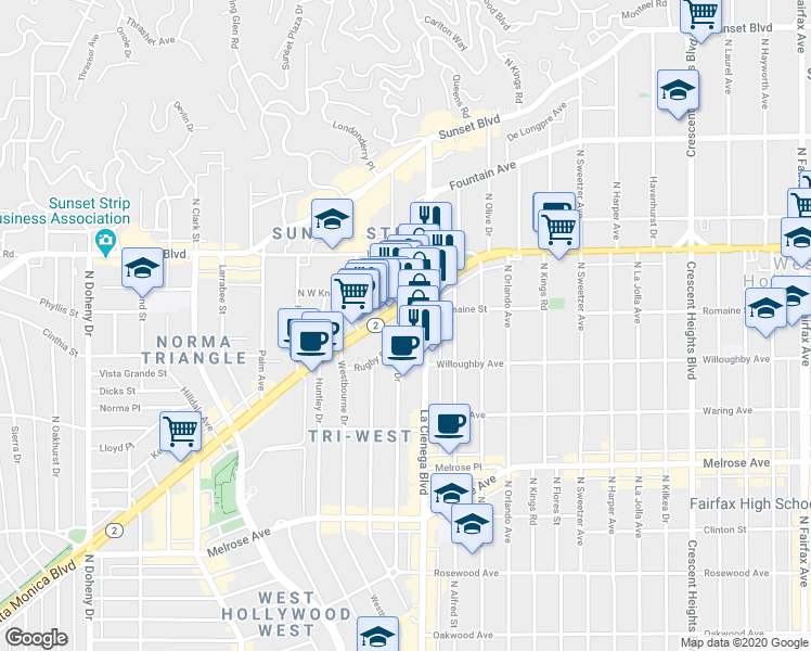 map of restaurants, bars, coffee shops, grocery stores, and more near 922 North West Knoll Drive in West Hollywood