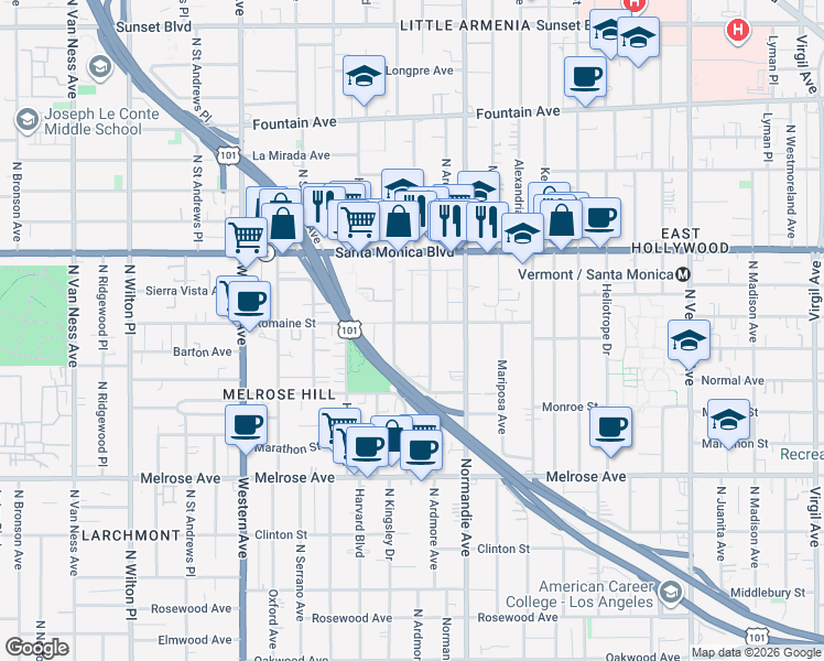map of restaurants, bars, coffee shops, grocery stores, and more near 1011 North Ardmore Avenue in Los Angeles