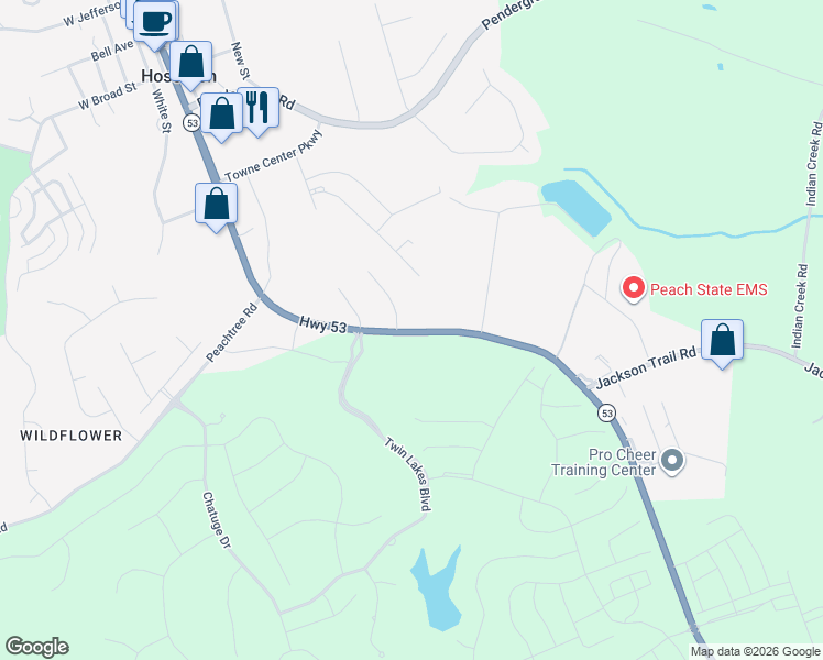 map of restaurants, bars, coffee shops, grocery stores, and more near 3340 Highway 53 in Hoschton