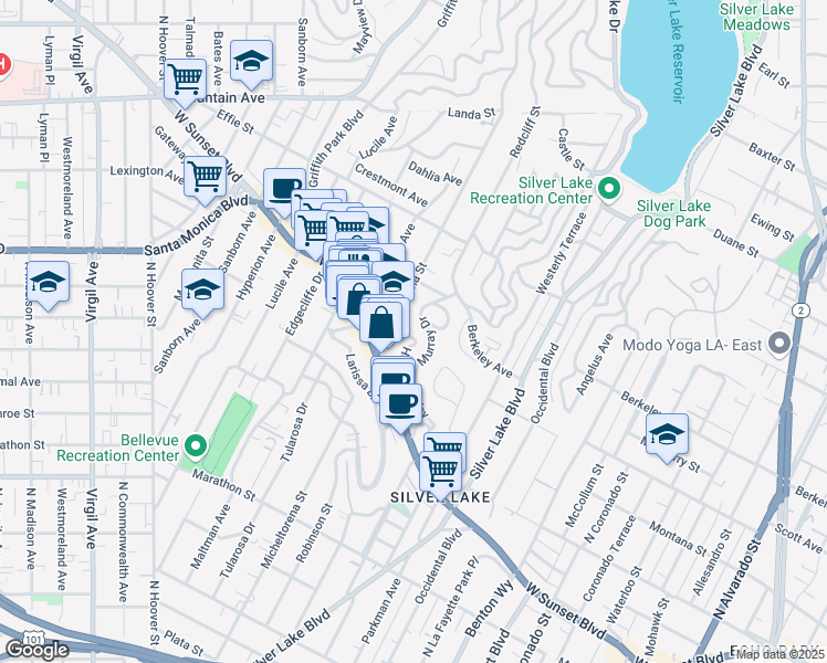 map of restaurants, bars, coffee shops, grocery stores, and more near 1518 Micheltorena Street in Los Angeles