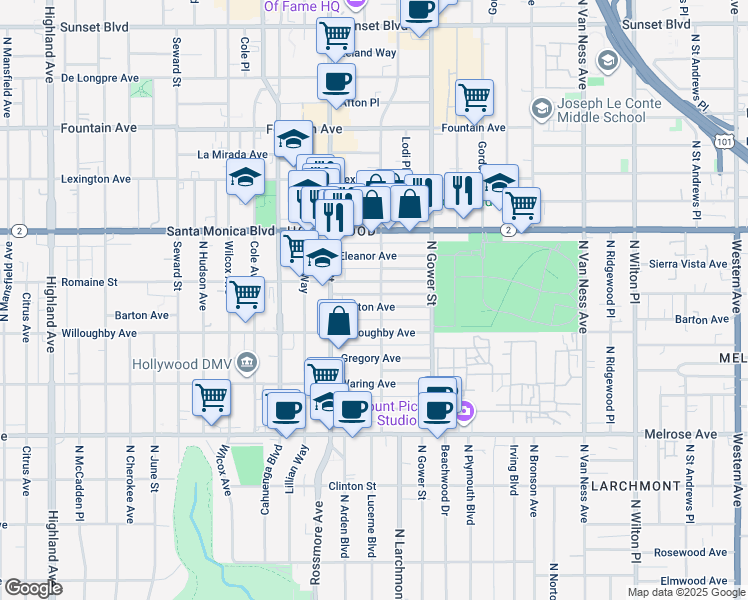map of restaurants, bars, coffee shops, grocery stores, and more near 6101 Romaine Street in Los Angeles