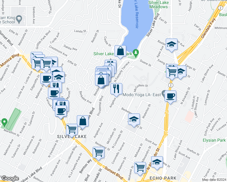 map of restaurants, bars, coffee shops, grocery stores, and more near 1642 Silverwood Terrace in Los Angeles