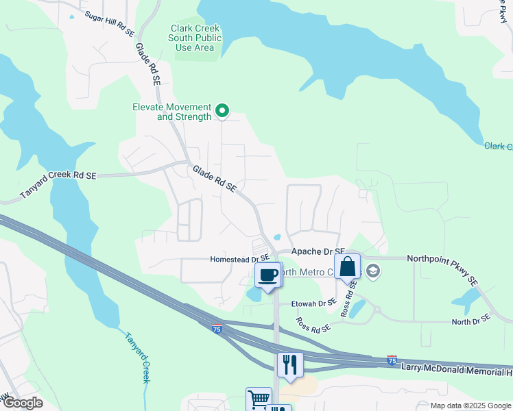 map of restaurants, bars, coffee shops, grocery stores, and more near 5498 Glade Road Southeast in Acworth