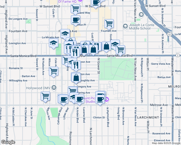 map of restaurants, bars, coffee shops, grocery stores, and more near 5941 Barton Avenue in Los Angeles
