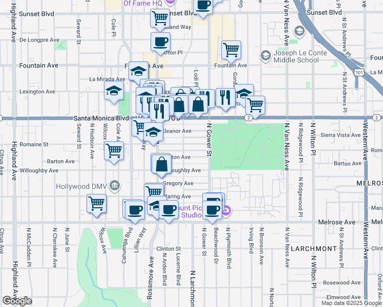 map of restaurants, bars, coffee shops, grocery stores, and more near 5941 Barton Avenue in Los Angeles