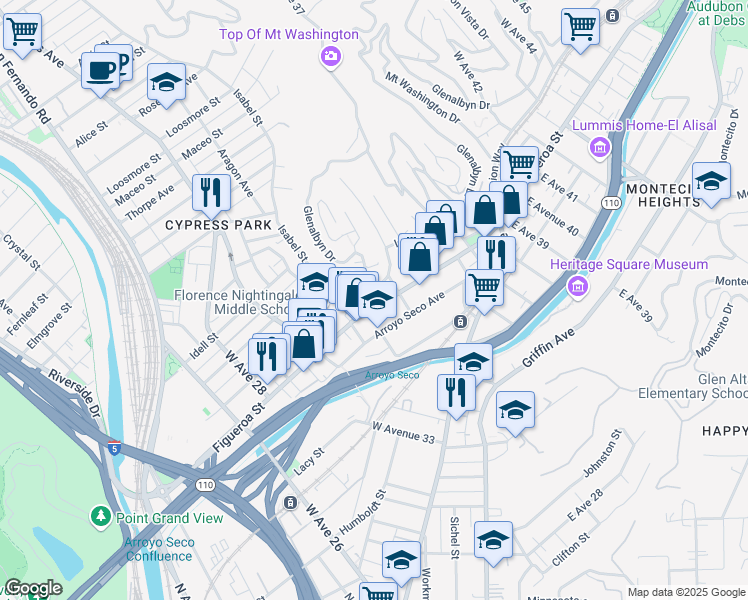 map of restaurants, bars, coffee shops, grocery stores, and more near 3435 North Figueroa Street in Los Angeles
