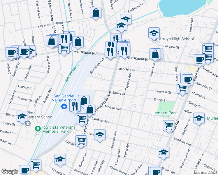 map of restaurants, bars, coffee shops, grocery stores, and more near 4515 Santa Anita Avenue in El Monte