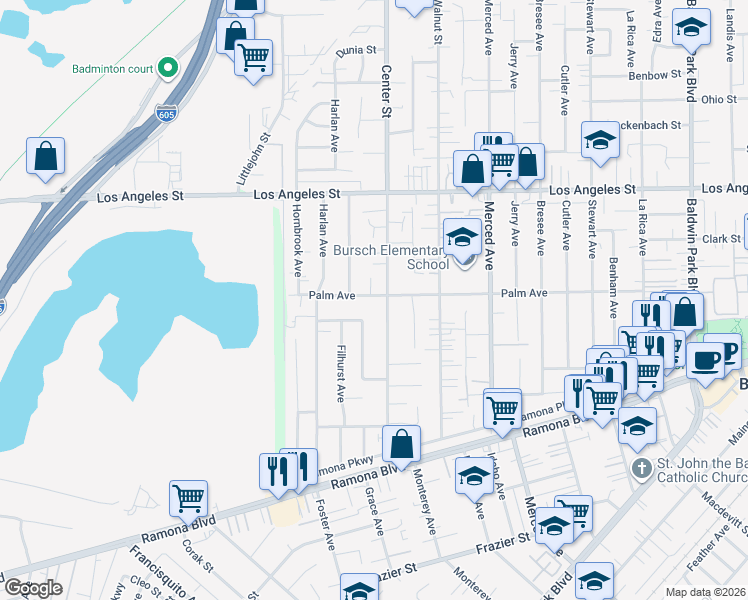 map of restaurants, bars, coffee shops, grocery stores, and more near 13528 Palm Avenue in Baldwin Park
