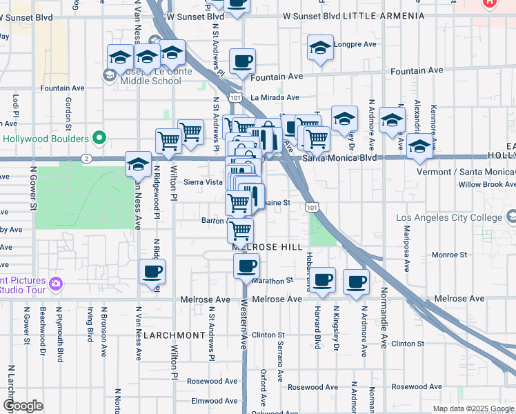 map of restaurants, bars, coffee shops, grocery stores, and more near 1015 North Oxford Avenue in Los Angeles