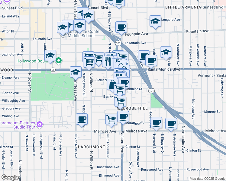 map of restaurants, bars, coffee shops, grocery stores, and more near 5434 Romaine Street in Los Angeles