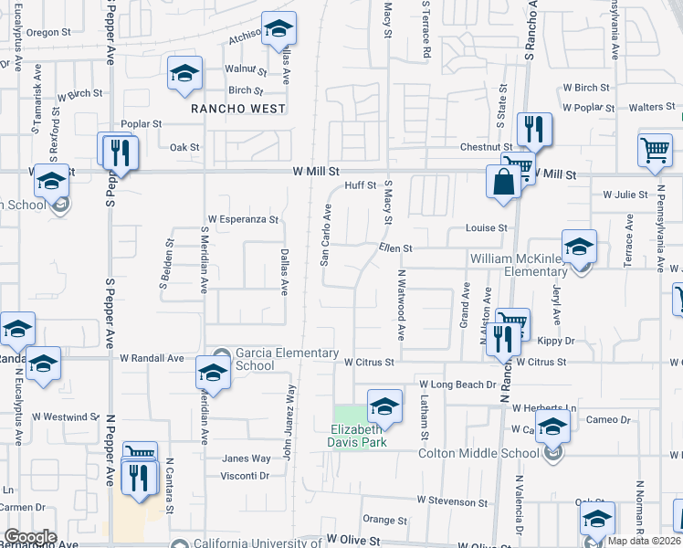 map of restaurants, bars, coffee shops, grocery stores, and more near 2366 Dunlop Court in Colton