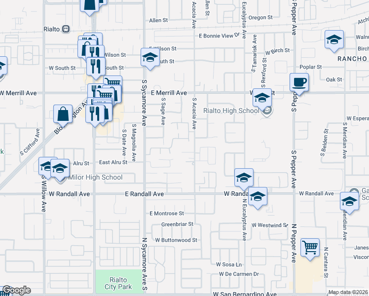 map of restaurants, bars, coffee shops, grocery stores, and more near 429 East James Street in Rialto