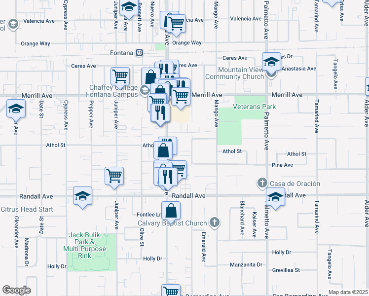 map of restaurants, bars, coffee shops, grocery stores, and more near 9074 Acacia Avenue in Fontana