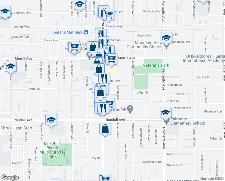 map of restaurants, bars, coffee shops, grocery stores, and more near 9073 Sierra Avenue in Fontana