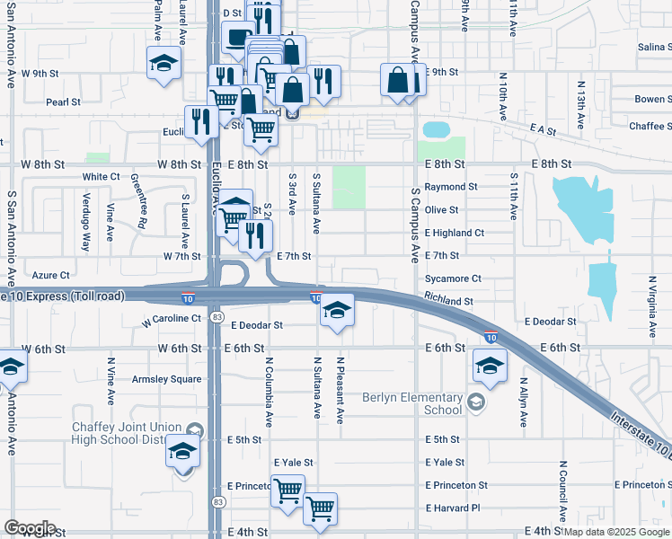 map of restaurants, bars, coffee shops, grocery stores, and more near 497 East 7th Street in Upland