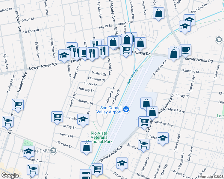 map of restaurants, bars, coffee shops, grocery stores, and more near 10690 Elmcrest Street in El Monte