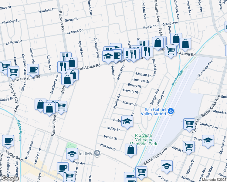 map of restaurants, bars, coffee shops, grocery stores, and more near 4554 Arden Way in El Monte