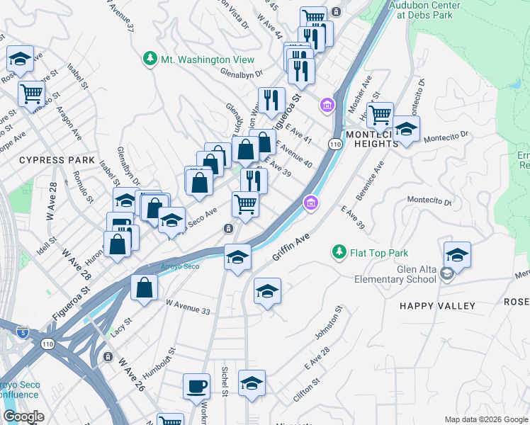 map of restaurants, bars, coffee shops, grocery stores, and more near 117 East Avenue 37 in Los Angeles