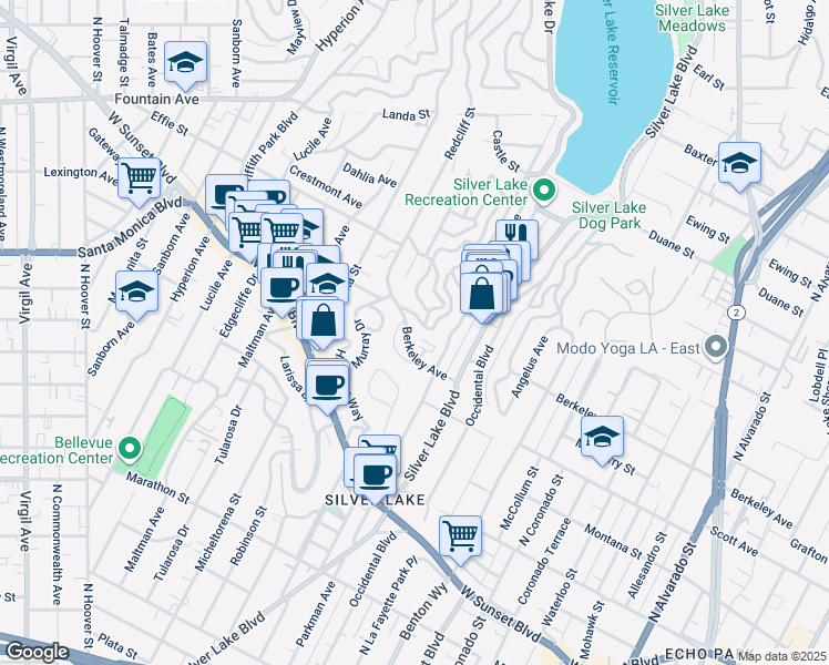 map of restaurants, bars, coffee shops, grocery stores, and more near 1612 Redesdale Avenue in Los Angeles
