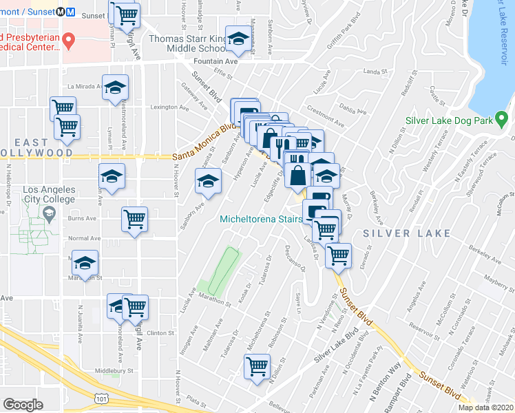 map of restaurants, bars, coffee shops, grocery stores, and more near 1382 Lucile Avenue in Los Angeles
