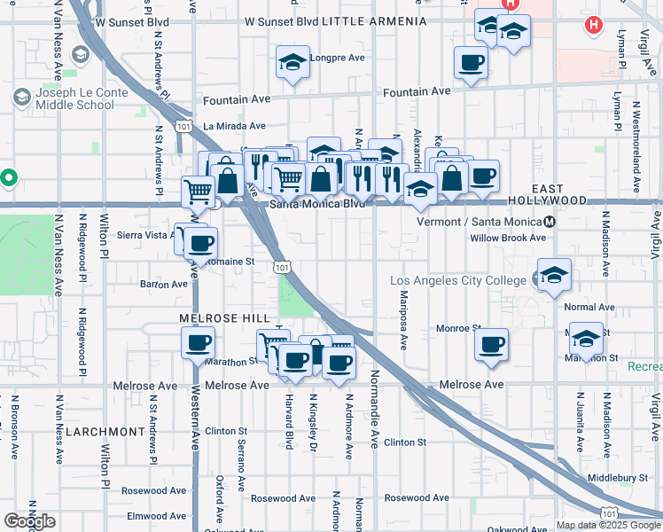 map of restaurants, bars, coffee shops, grocery stores, and more near 1011 North Ardmore Avenue in Los Angeles