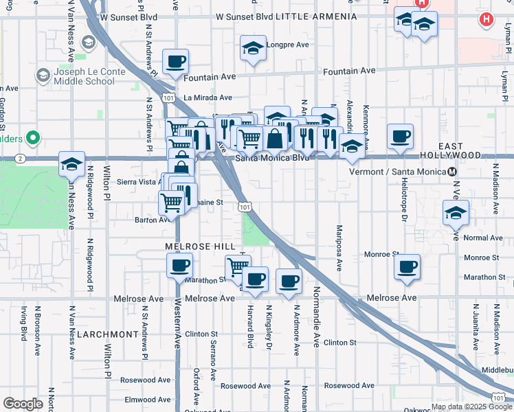 map of restaurants, bars, coffee shops, grocery stores, and more near 5151 Romaine Street in Los Angeles