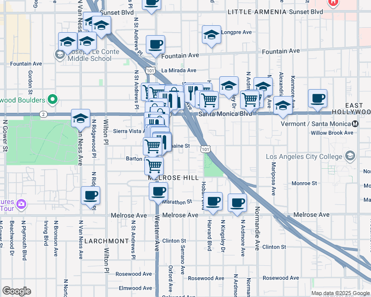 map of restaurants, bars, coffee shops, grocery stores, and more near 1013 North Serrano Avenue in Los Angeles