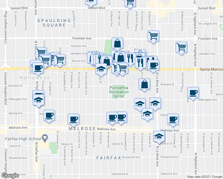 map of restaurants, bars, coffee shops, grocery stores, and more near 1011 North Fuller Avenue in West Hollywood