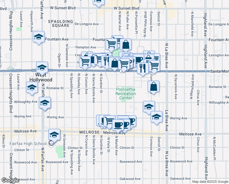 map of restaurants, bars, coffee shops, grocery stores, and more near 1009 North Martel Avenue in West Hollywood